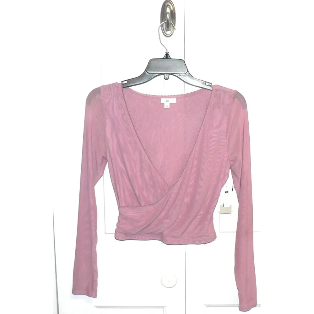 BP. Women's Long Sleeve V-Neck Faux Wrap Mesh Crop Top in Pink Nostalgia Small